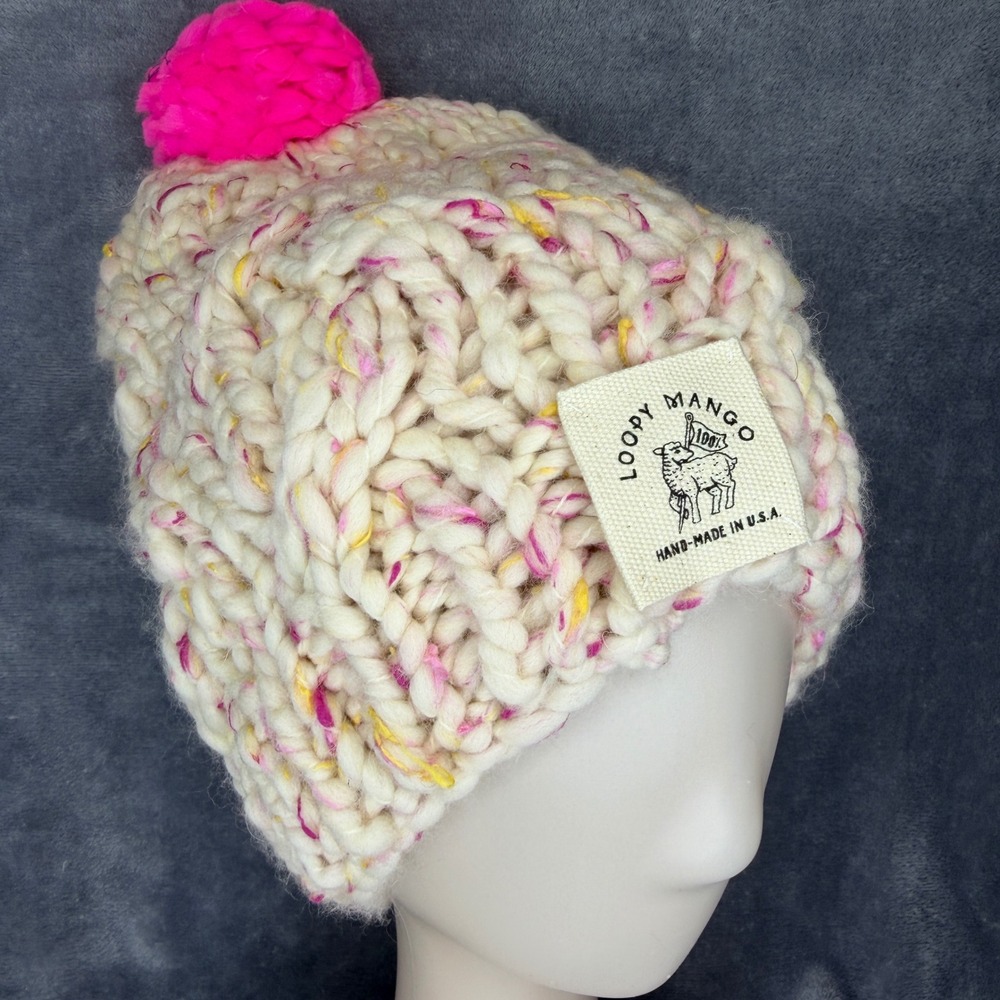 Loopy Mango‎ Beanie Hat Womens OS Cream Pink Yellow Chunky Merino Wool Pom Pom